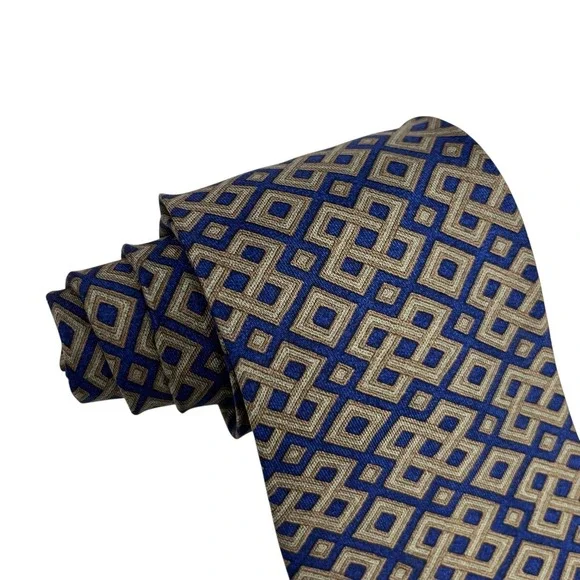 Hermes Men's Tie Geometric Navy Blue & Olive Green Silk 7656 TA 3.5 (W) 58 (L)